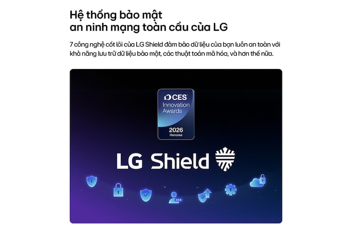 LG Shield, applied to LG OLED evo AI C6, is shown with an LG Shield logo at the center, security icons below, and a 2026 CES Innovation Awards Honoree badge above, representing data and system protection.